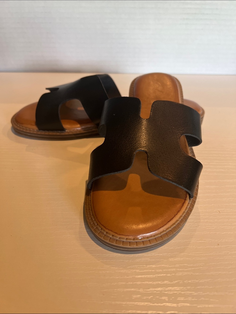 Women's Black Slide Sandals with Tan Footbed